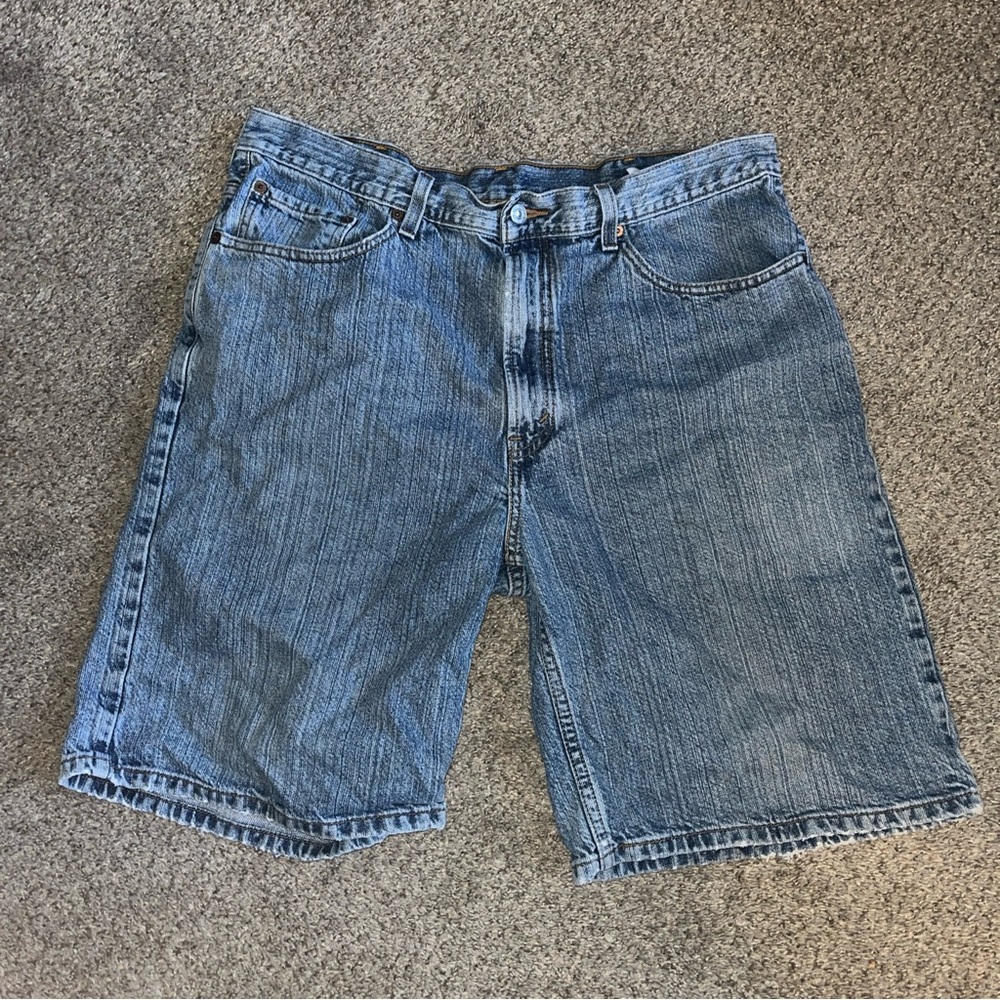 Levis 550 Jean Shorts Sz 38 Relaxed Fit Blue Light Wash Red Tab Denim Distressed